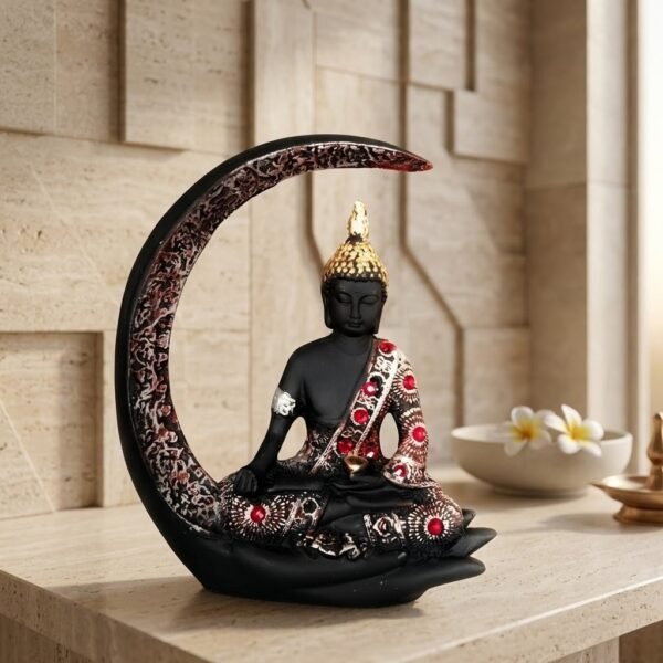 Crescent Moon Buddha Statue for Home Decor | Modern Black Meditation Buddha Idol